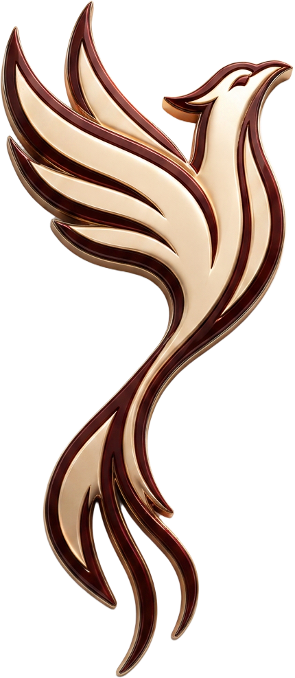 Unmasked Leadership phoenix emblem in gold and oxblood