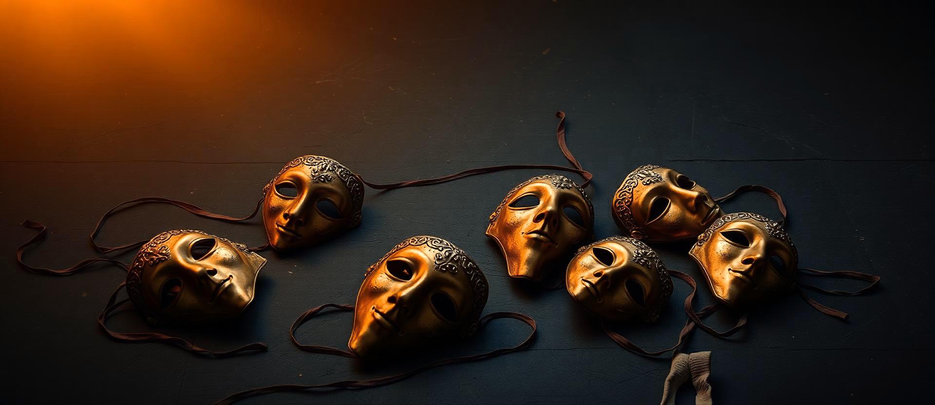 Nine ornate gold and oxblood masks lying discarded on dark ground